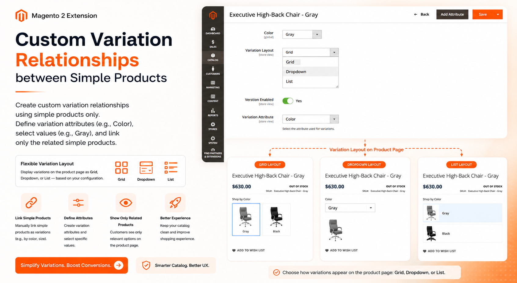 Magento 2 custom variation relationships extension showing configurable variation layouts as grid, dropdown, or list for simple product variations.