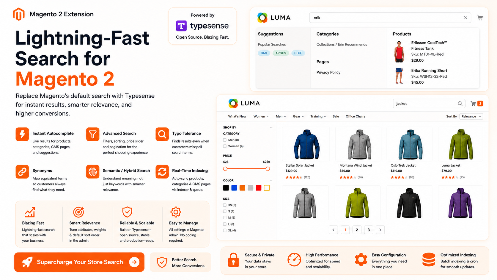 Magento 2 Typesense Search extension featuring instant autocomplete, AI-powered search, typo tolerance, advanced filters, and real-time indexing