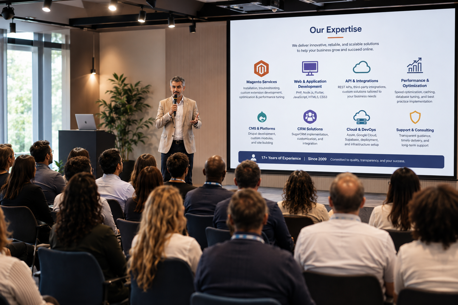 Ayasoftware team presenting our expertise in Magento, web development, and cloud solutions